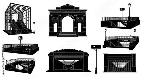 A collection of stylized black and white illustrations of various subway entrances and architectural elements.