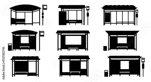 Nine bus stop shelters in black silhouette, each with a different design, arranged in a grid pattern.