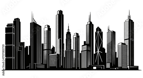 Silhouette of a modern city skyline, showcasing numerous tall buildings.