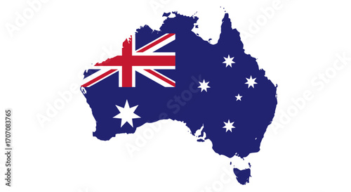 A navy blue silhouette of Australia is overlaid with the Union Jack and Southern Cross