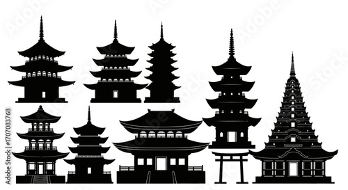 Collection of stylized black silhouette illustrations depicting various East Asian pagodas and a torii gate.