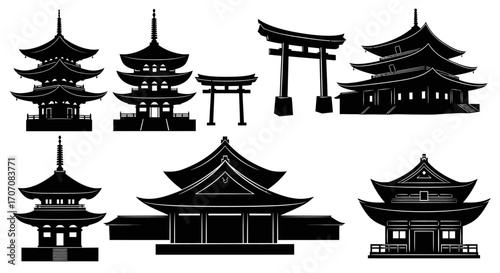 Silhouetted illustrations of various traditional Japanese architectural structures, temples and gates.