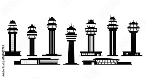 A collection of black and white vector silhouettes depicting various airport control towers and terminal buildings.