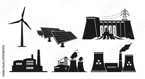 Silhouette illustrations depicting various energy production methods including wind, solar, hydroelectric, and industrial power plants.