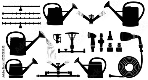 Silhouette illustration of various garden watering tools and equipment.