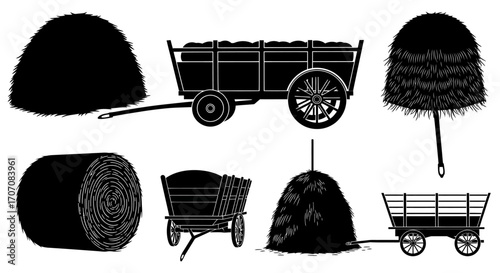 Haystacks, hay bales, and farm carts in silhouette.