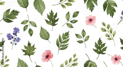 Watercolor Floral Pattern with Leaves and Flowers.
