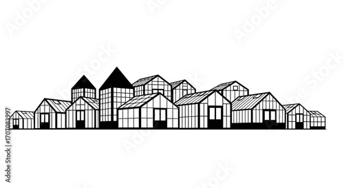 Simple black and white illustration of a cluster of small, modern greenhouses.