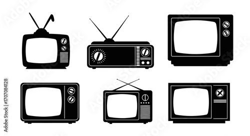Six black and white silhouettes of vintage television sets, showcasing different models and styles.