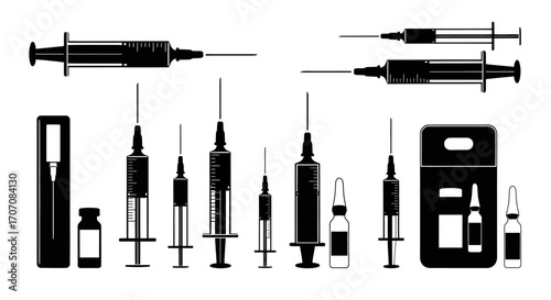 A collection of various syringes and vials, depicted in a clean, minimalist style.