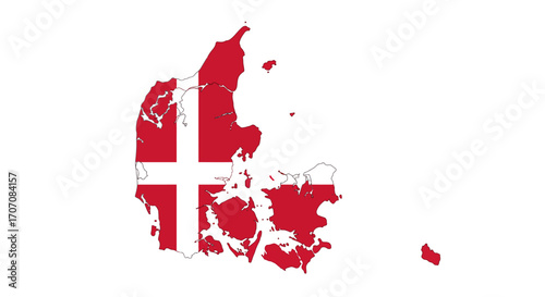 Denmarks map with flag colors  a grey outline is displayed on a white backdrop