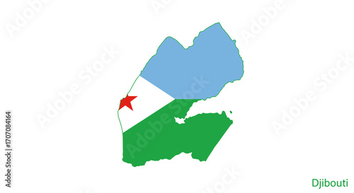 Djibouti map in country colors blue green white and red star on a white background