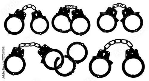 A collection of black and white handcuff illustrations in various positions, some open and some closed.