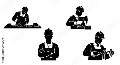 Silhouetted construction workers performing various tasks, including assembly and tool usage.