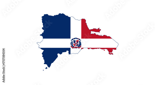 Flag of the Dominican Republic is imposed on the countrys map central shield included