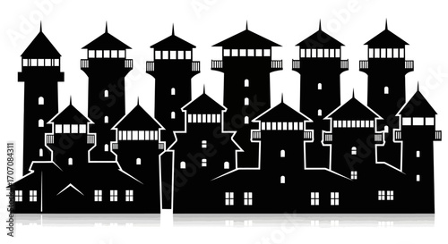Silhouette illustration of a row of stylized towers and buildings with pointed roofs, resembling a fantasy city skyline.