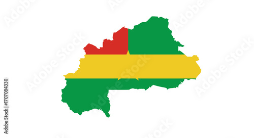 Flagcolored map of Burkina Faso featuring a red upper gold center and green lower section