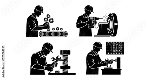 Four silhouette illustrations of industrial workers performing various mechanical tasks in a factory setting.