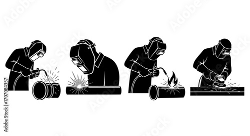Four welders expertly joining metal pipes using different welding and grinding techniques.