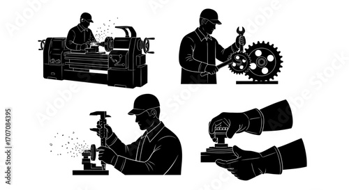 Silhouetted figures performing various mechanical tasks using tools and machinery in a workshop setting.