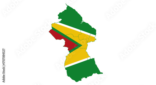 Guyana flag fills the outline of its country vibrant colors dominate the graphic stark against white background