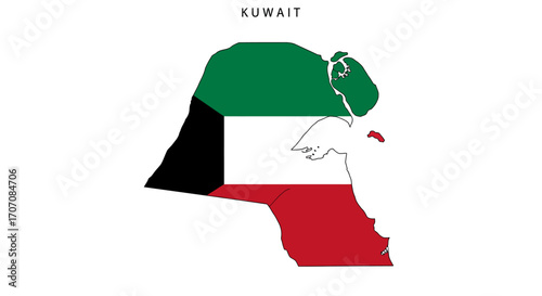 Kuwaits map filled with the nations flag colors green white red and black Text at the top reads KUWAIT