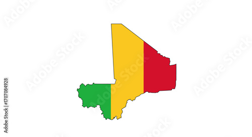 Mali country outline filled with the Malian flag colors green yellow red over a white background