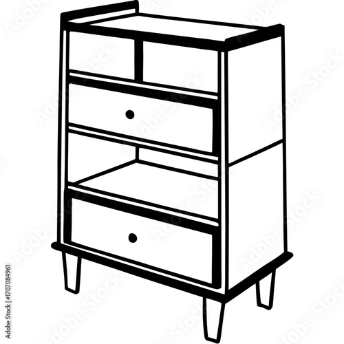 A black and white line drawing of a small dresser with two drawers and open shelves isolated on white background silhouette