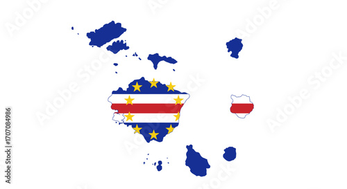 Map of Cape Verde featuring the nations flags colors and design elements