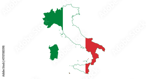 Map of Italy colored with Italian flag green in north red in south white in the middle