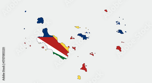 Map of Seychelles islands colored flag of Seychelles blue red yellow green and white shapes