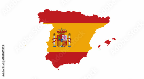 Map of Spain with the Spanish flag colors and coat of arms overlaid on the landmass