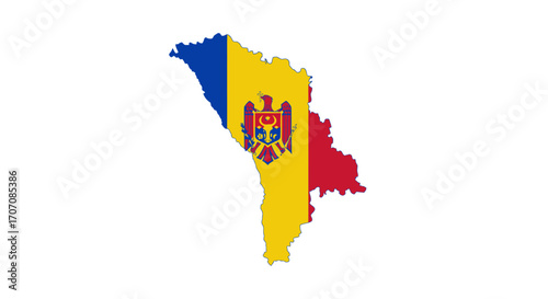 Moldovas country shape filled with the flags colors and national emblem on a white background