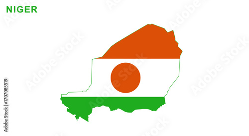 Nigers flag within the countrys shape featuring orange white and green stripes and a central orange circle