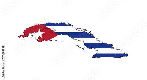 Outline of Cuba filled with its flag colors red triangle star blue stripes