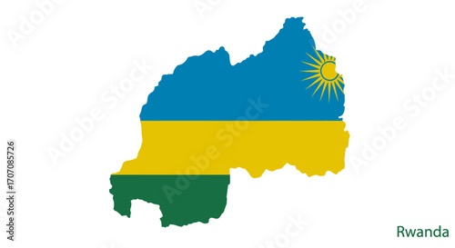 Rwanda map overlayed with its flag colors blue yellow and green and a sun icon on the upper right side