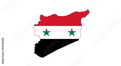 Syria flags colors and stars overlayed on the countrys shape against a white background