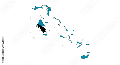 The Bahamas map is depicted in teal black and white colors against a clear white background