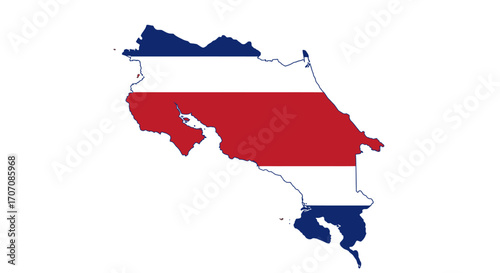 The country of Costa Rica outlined filled with the Costa Rican flags colors