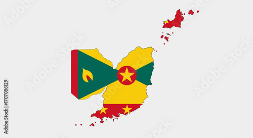The outline of Grenada is colored with its flag