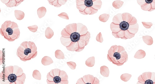 Watercolor Pink Anemone Flowers and Petals on White Background.
