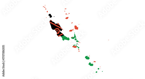 Vanuatu map is displayed in black green and red featuring the flag