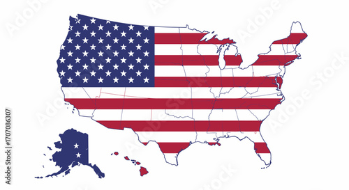 USA map overlaid with the US flag Alaska and Hawaii are also present