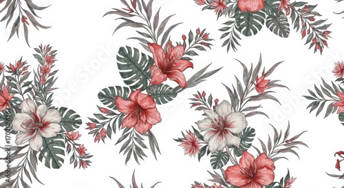 Watercolor Floral Pattern with Red and White Flowers.