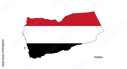 Yemens outline fills with red white  black stripes matching its flag YEMEN is captioned at the bottom