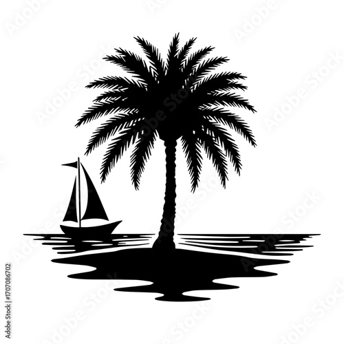 silhouette of palm trees on the beach, palm, beach, tree, island, sea, summer, tropical, vector, sun, ocean, travel, nature, illustration, landscape, water, silhouette, paradise, sand, vacation, holid