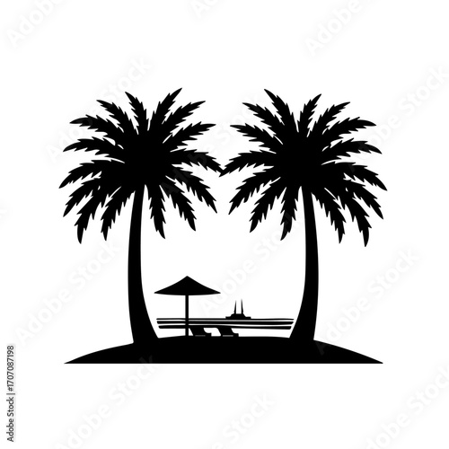 silhouette of palm trees on the beach, palm, beach, tree, island, sea, summer, tropical, vector, sun, ocean, travel, nature, illustration, landscape, water, silhouette, paradise, sand, vacation, holid
