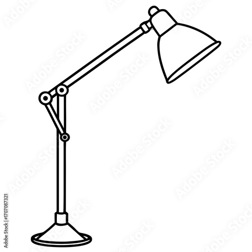 Adjustable desk lamp silhouette with a flexible arm and conical shade isolated on white background