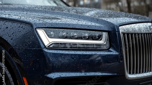 A detailed closeup shot of the front section of a dark blue, luxurious SUV on a rainy day. 