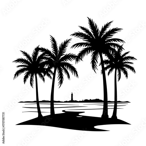 silhouette of palm trees on the beach, palm, beach, tree, island, sea, summer, tropical, vector, sun, ocean, travel, nature, illustration, landscape, water, silhouette, paradise, sand, vacation, holid